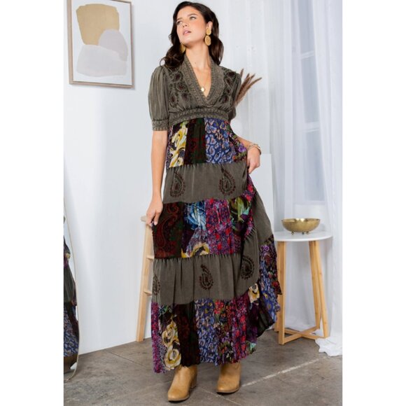 Young Threads Graphite Embroidered Patchwork Tiered Maxi Dress DR23666 - Picture 3 of 5